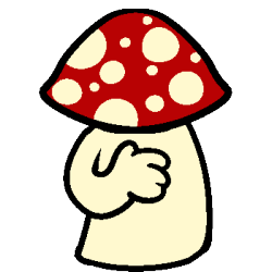 a figure with a red and white mushroom cap for a head and a hand on chest.